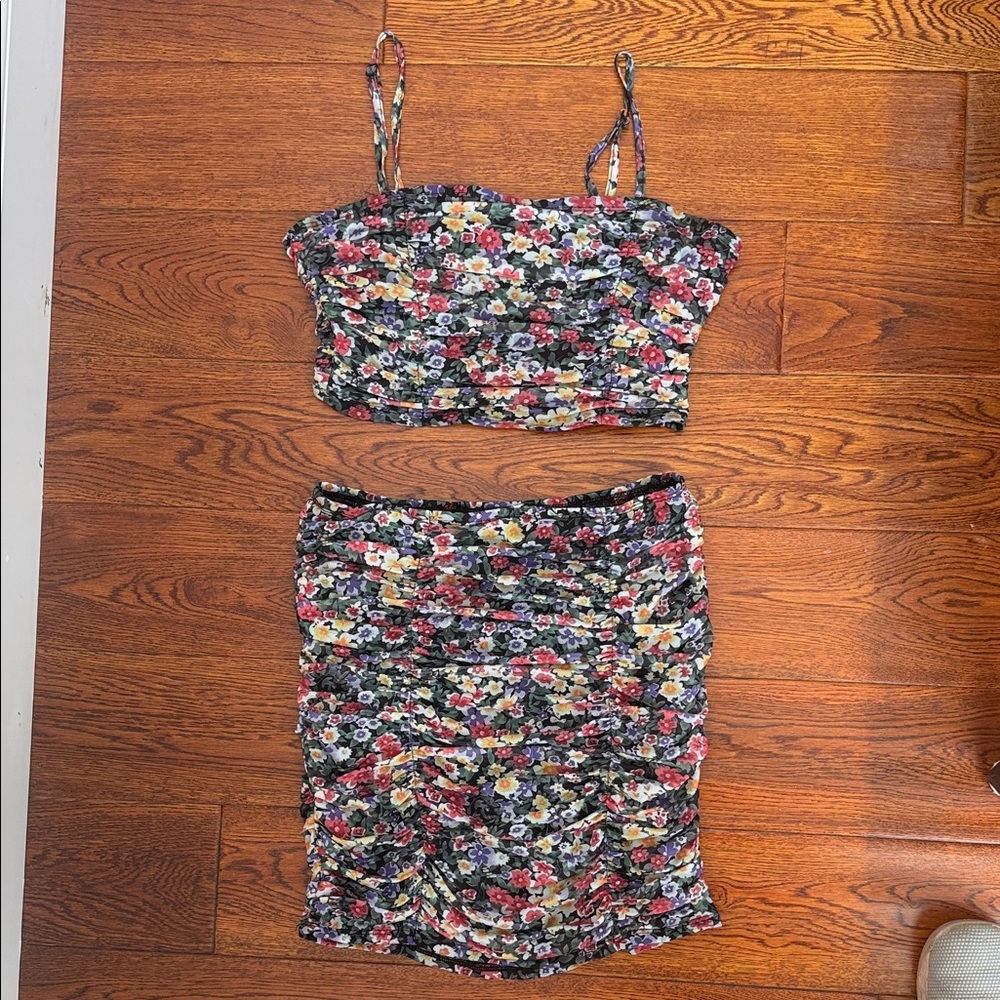 Floral Ruched Mini Skirt - Black Floral
